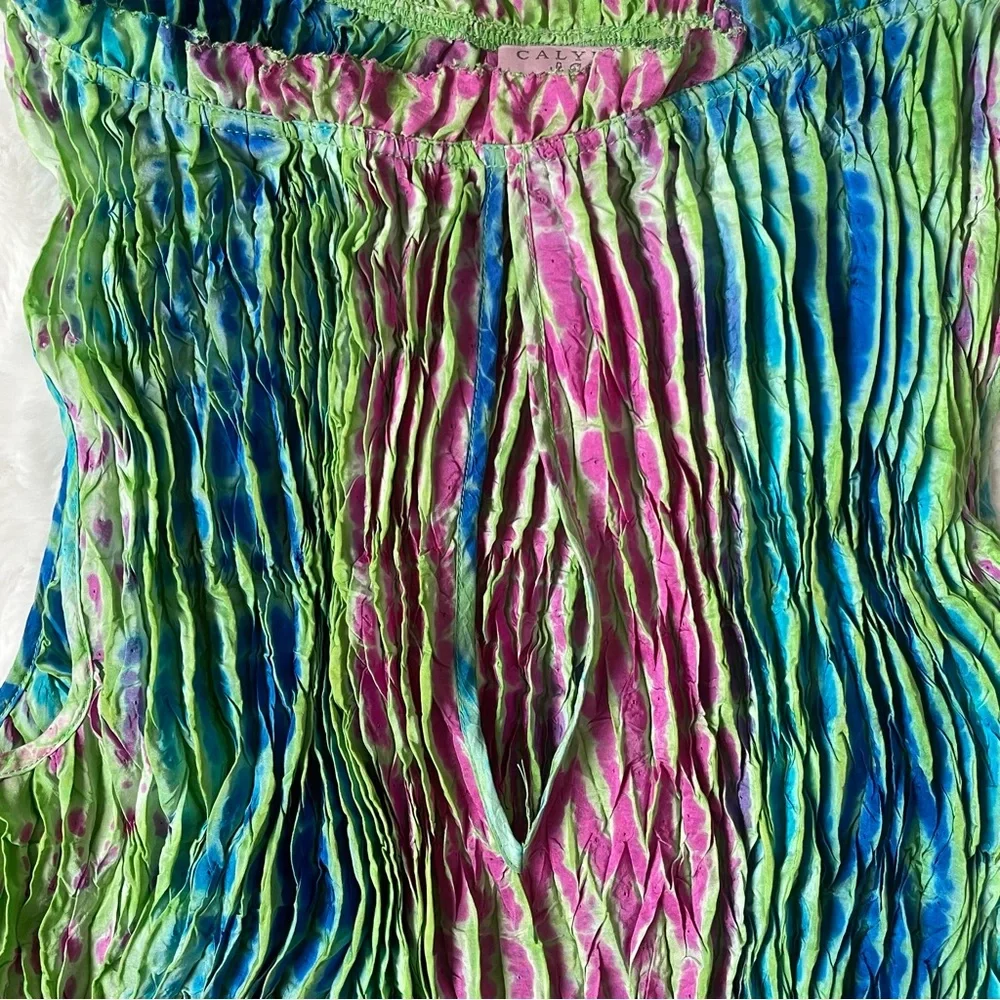 CALYPSO ST BARTH  100% Silk Pleated Maxi Dress Tie Dye Boho Blue Pink Green L - Picture 8 of 15